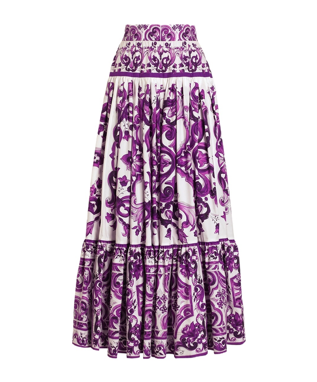 Dolce & Gabbana Violet Long Skirt With Ruffle Hem And All-over Floral Motif In Cotton Woman