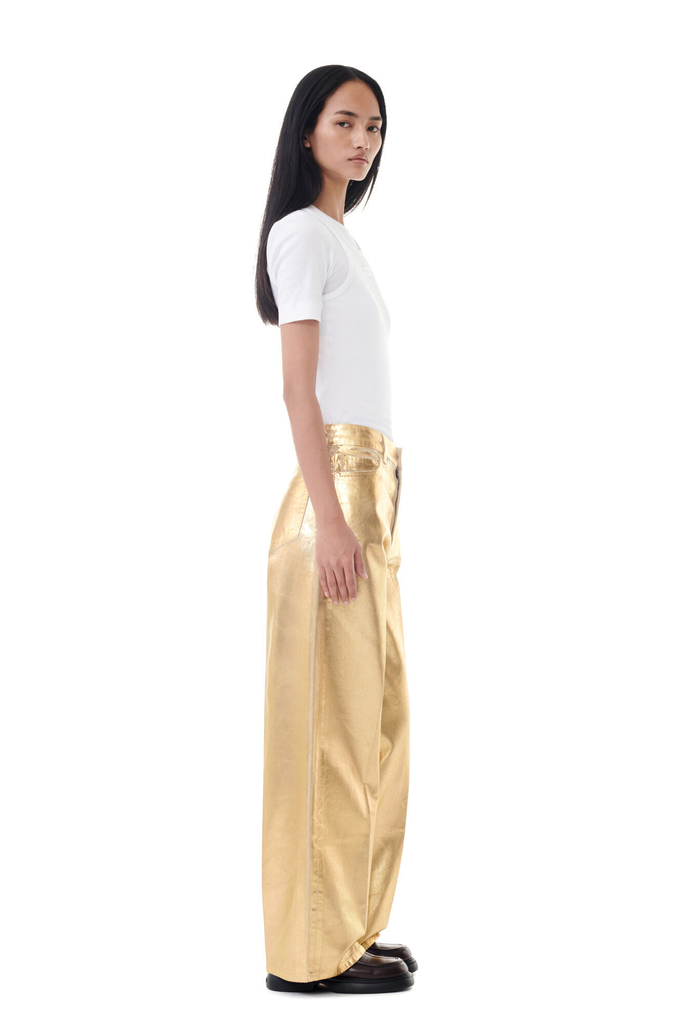 Ganni Metallic-effect Cotton Jeans In Nude