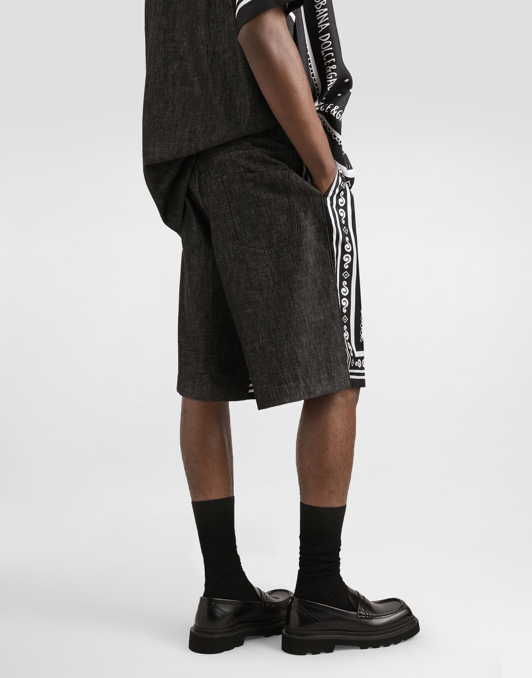 Dolce & Gabbana Printed Silk And Denim Shorts In Black