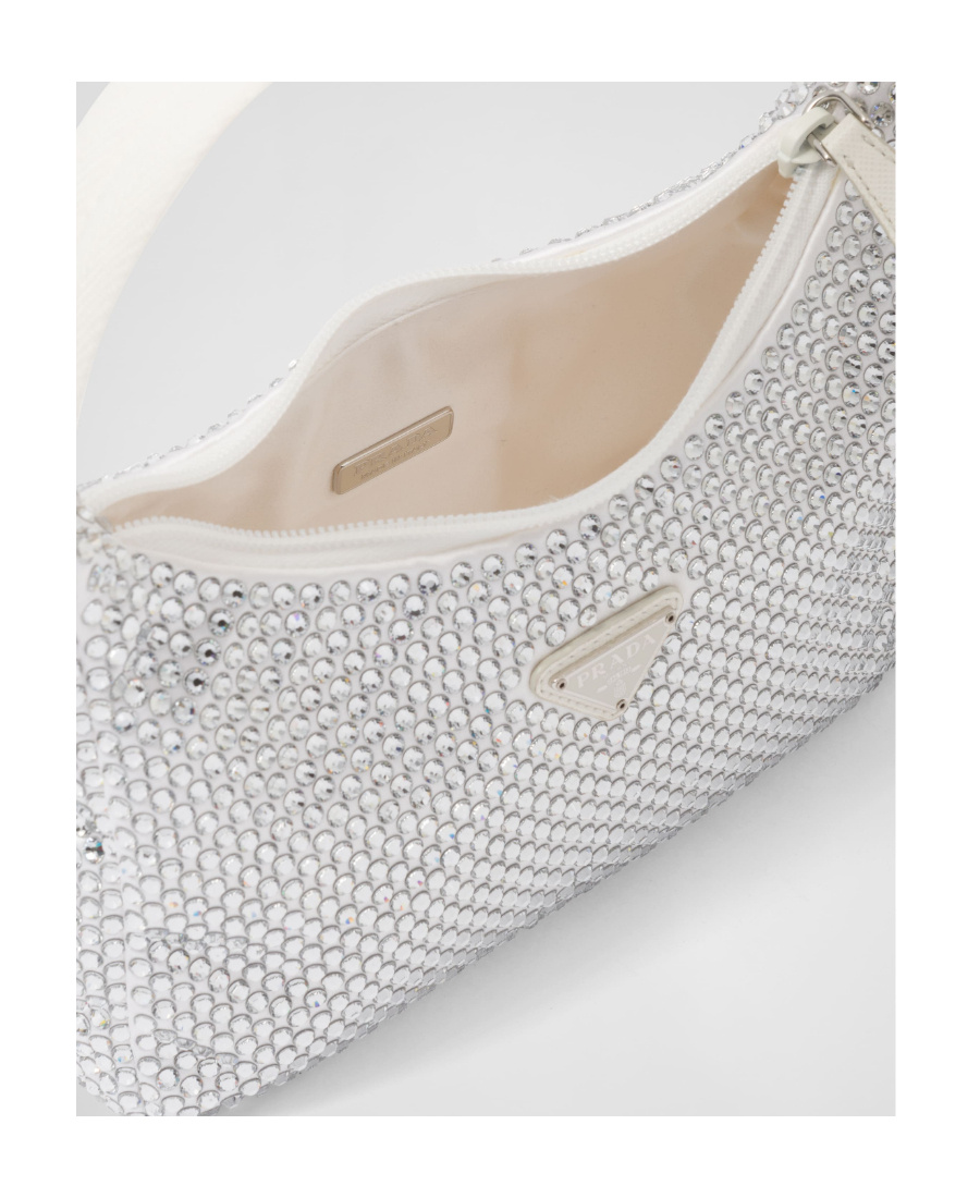Prada Re-edition Satin Mini-bag With Crystals In White