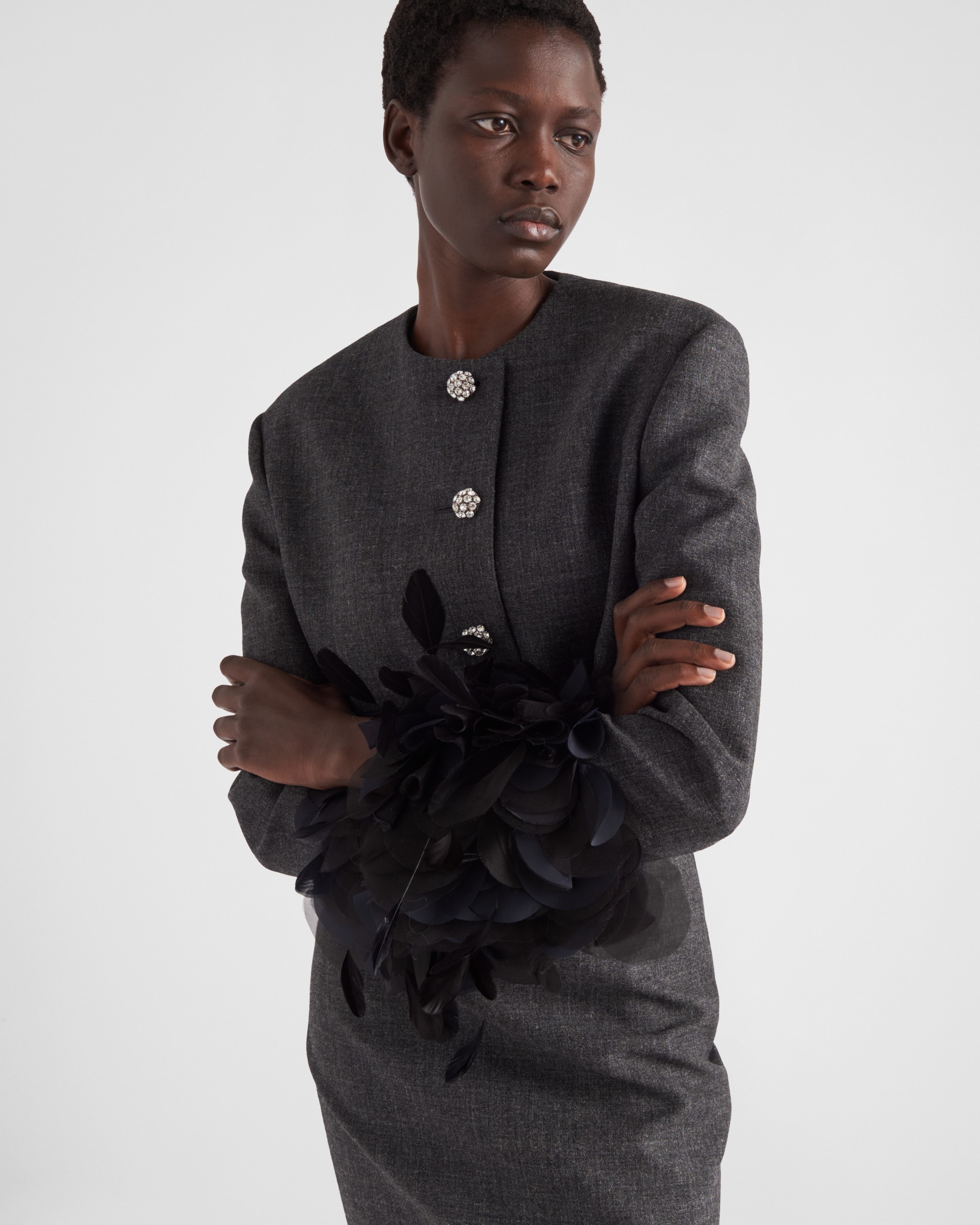 Prada Mat Feather-cuff Cropped Jacket With Crystal Buttons In Gray