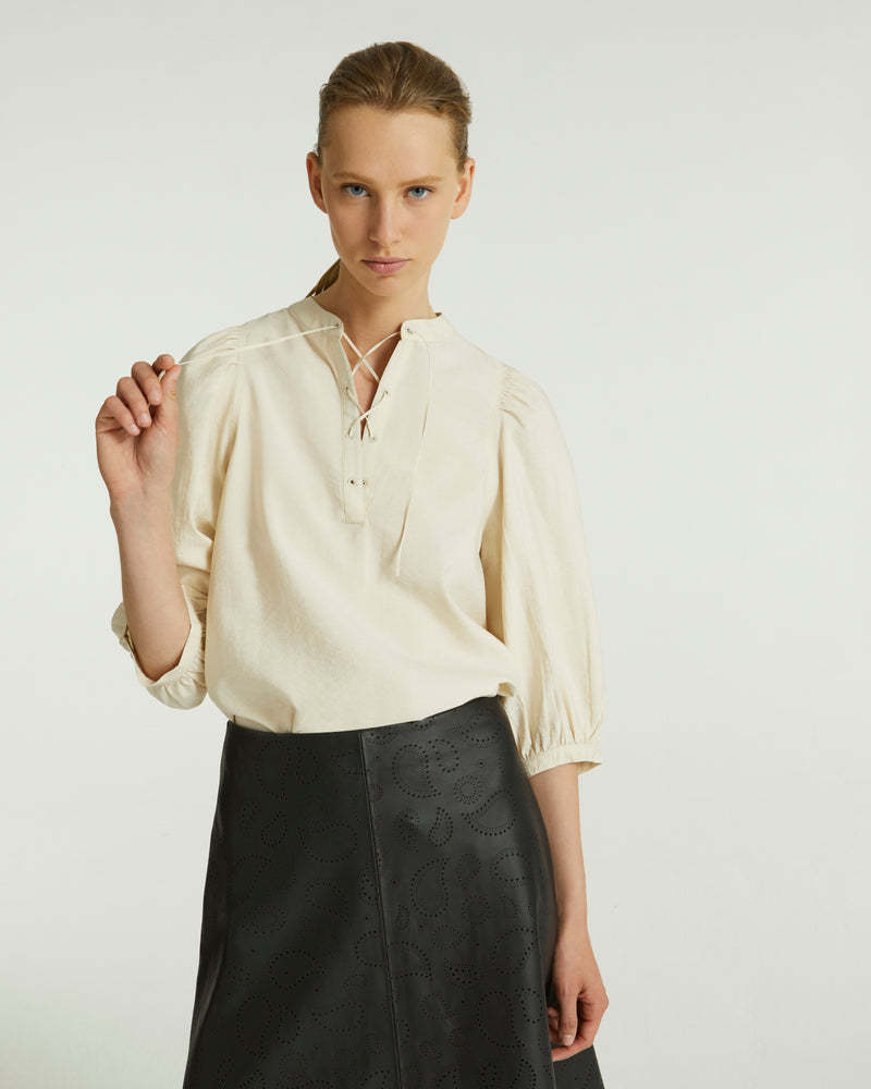 Yves Salomon Tie-neck Silk Seersucker Blouse In Nude