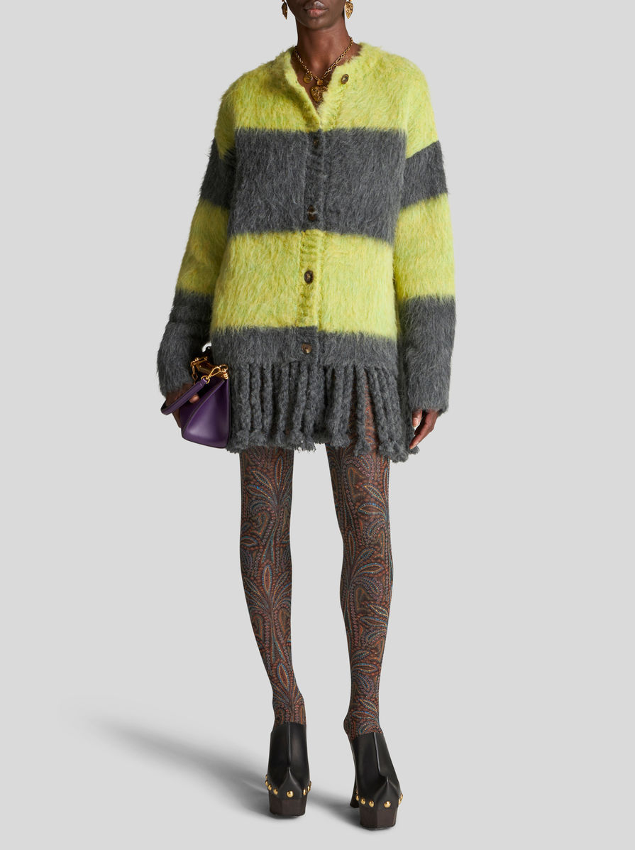 Etro Grey Grey Striped Wool Blend Cardigan In Black