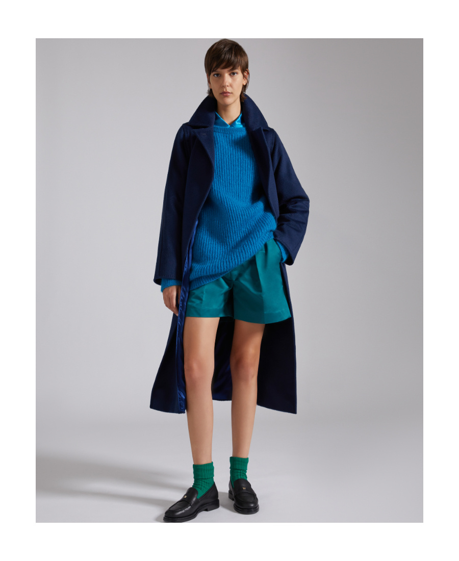Max Mara Lapel Long-sleeved Belted Coat In Blue