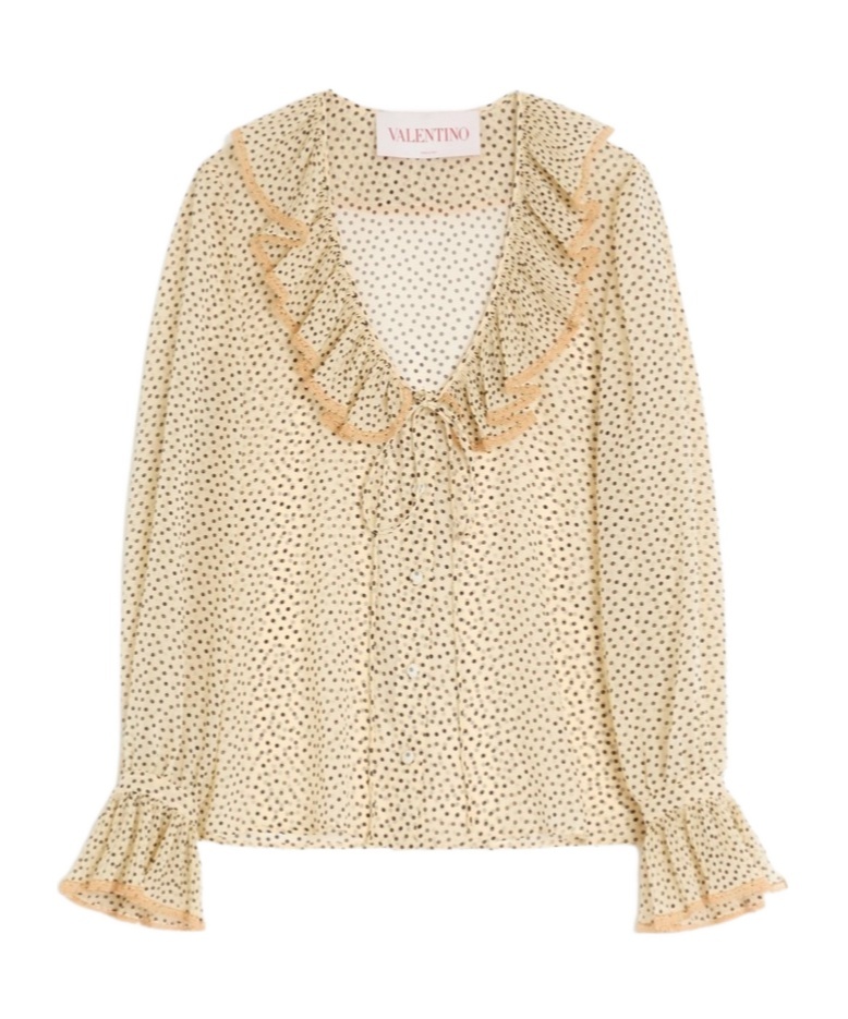 Valentino Silk Blouse With Ruffled Neckline And Polka Dot Pattern In Nude