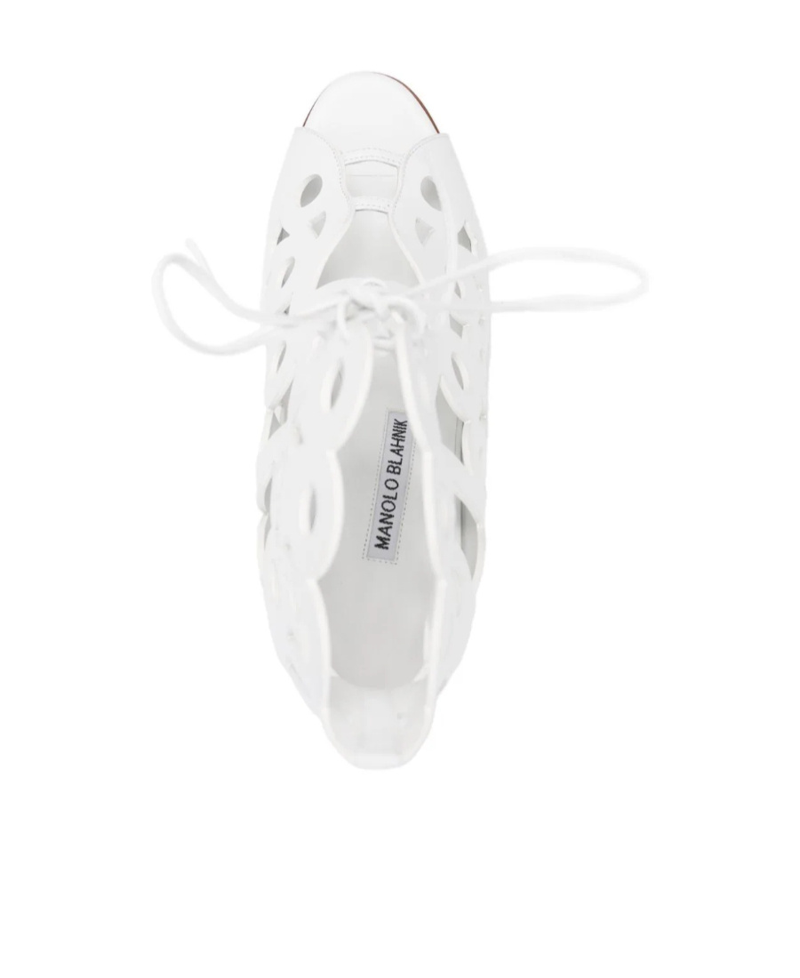 Manolo Blahnik Taralo Pointed Toe Cut-out Leather Pumps In White