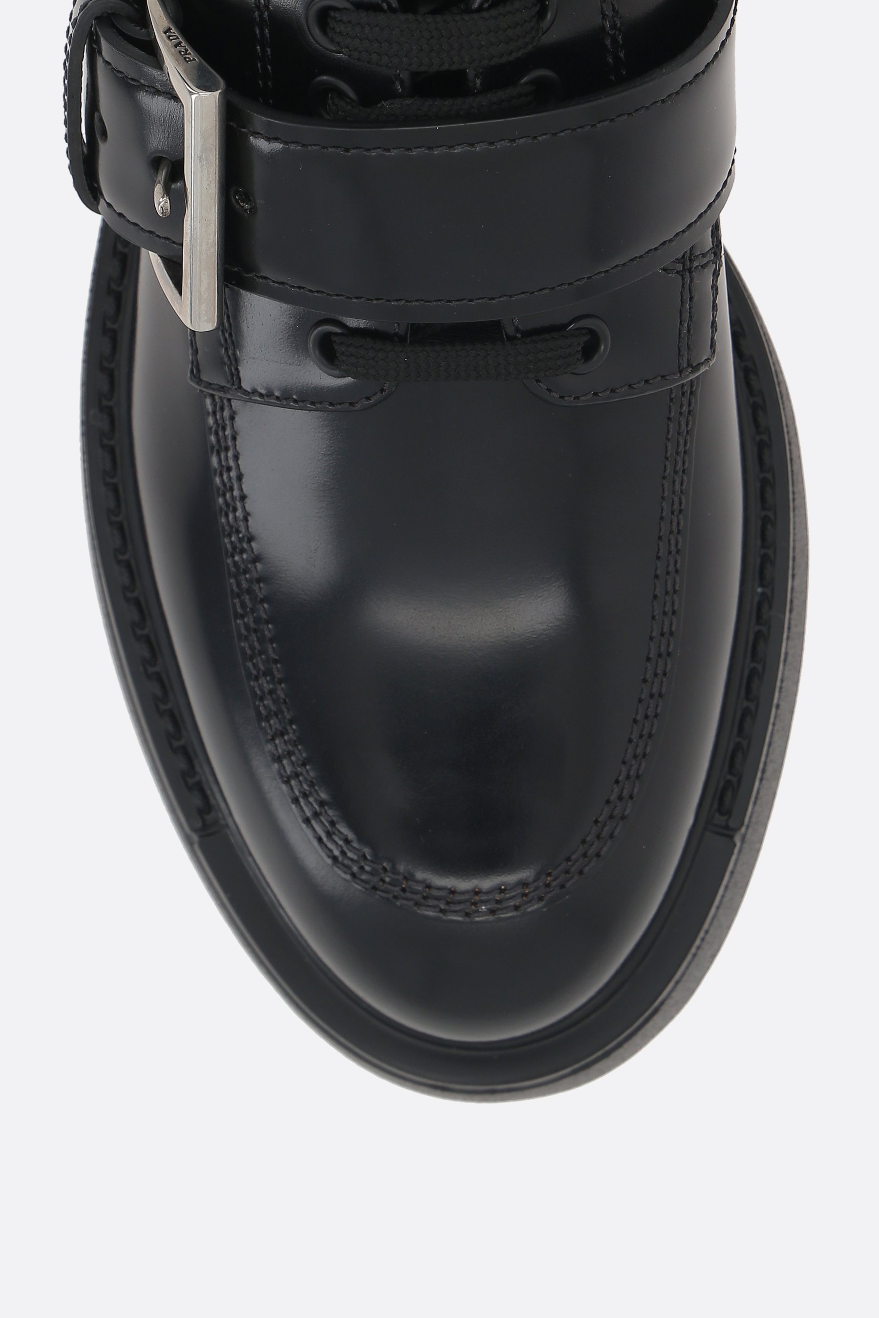 Prada Brushed Leather Lace-up Shoes With Strap In Black