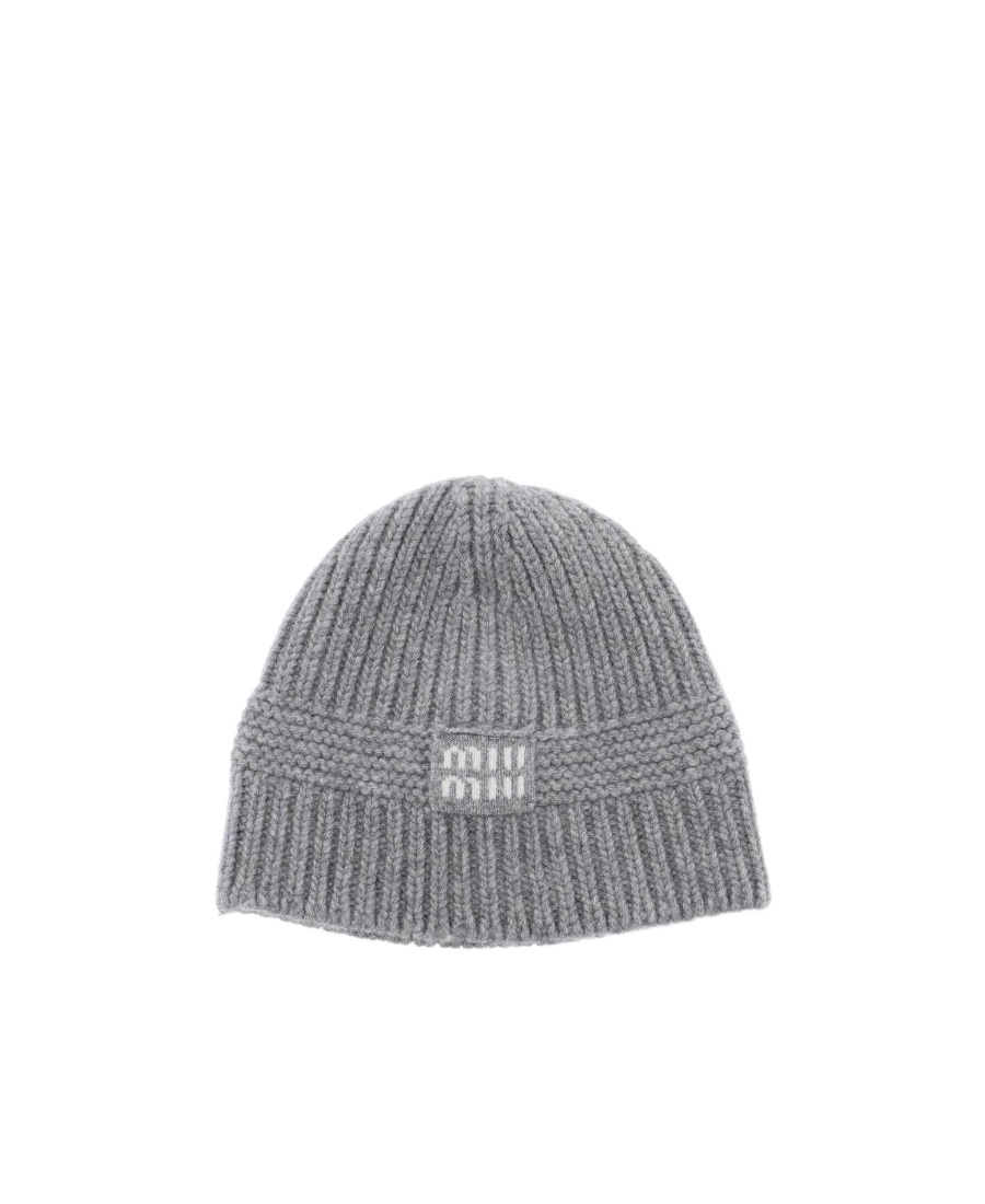 Miu Miu Logo-patch Beanie Hat In Gray