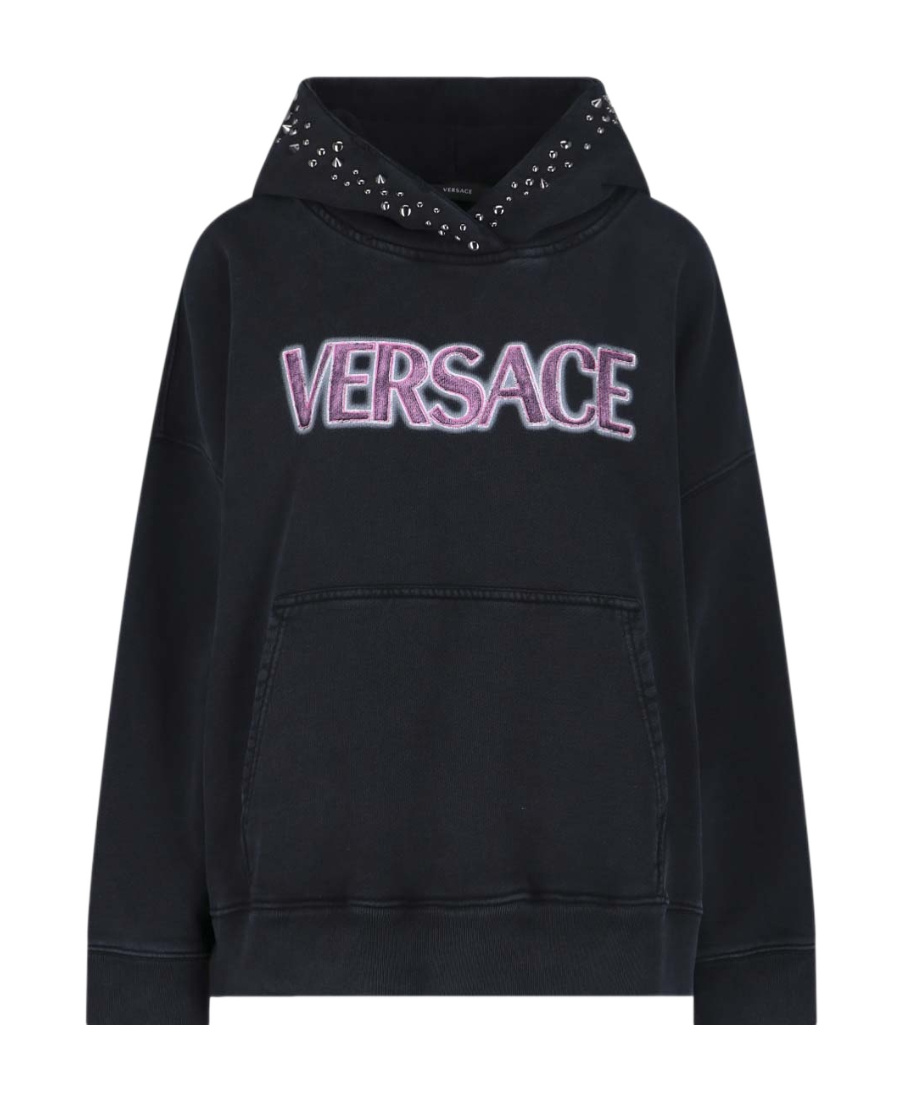 Versace Stud-embellished Logo Cotton Hoodie In Black