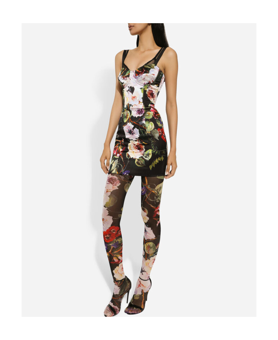DOLCE & GABBANA DOLCE  GABBANA ROSE GARDEN PRINTED SHORT SATIN CORSET DRESS