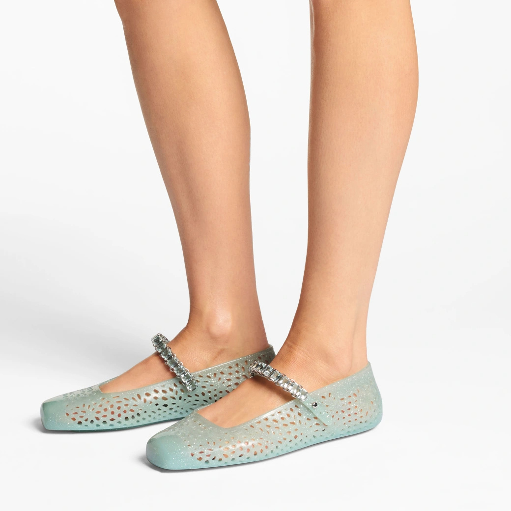 Jimmy Choo Light Green Jelly Ballet Flats With Crystal In Green
