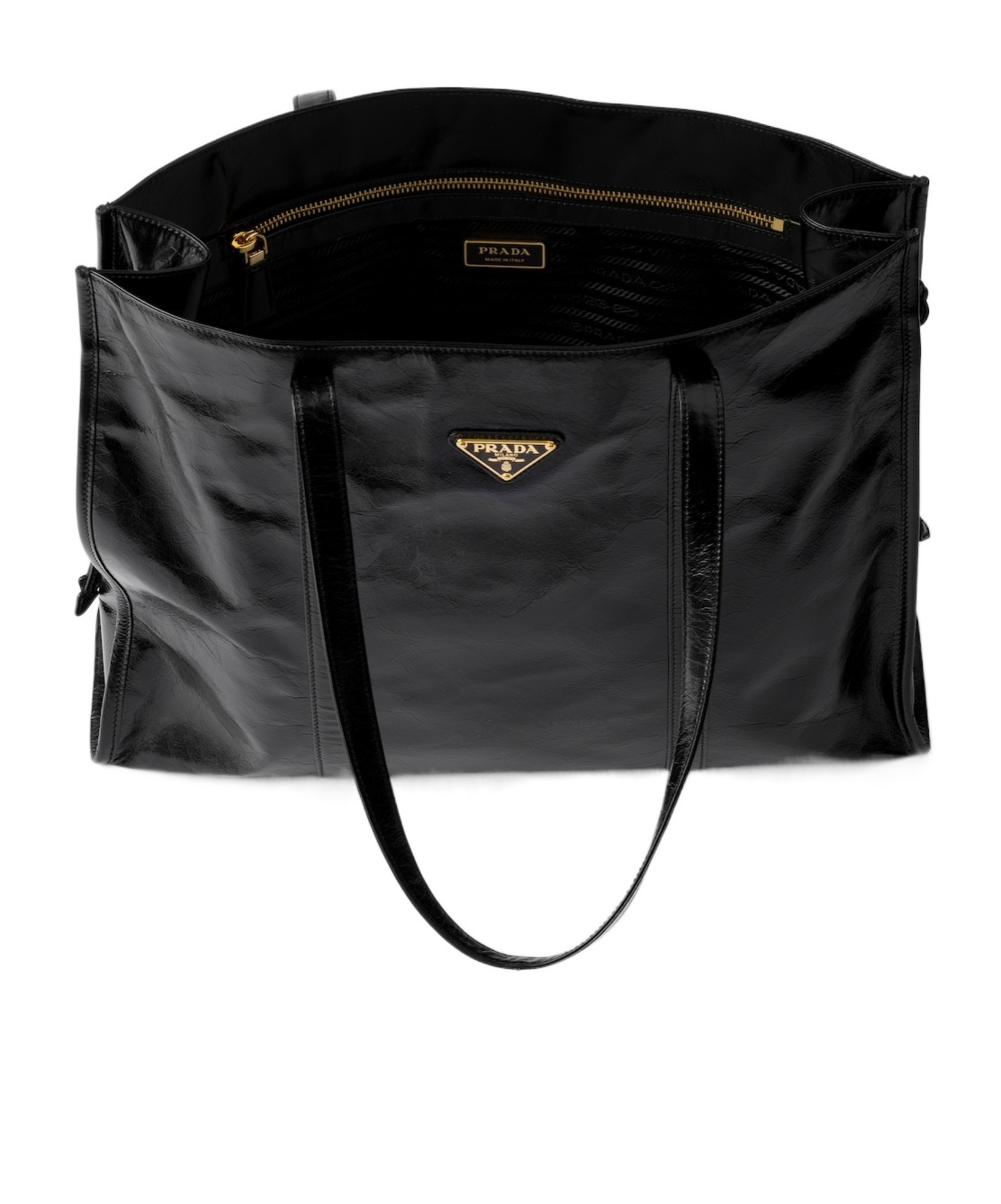 Prada Large Glossy Leather Tote Bag In Black