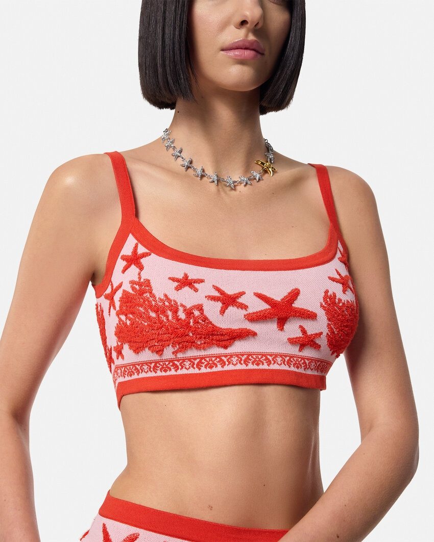 Versace Tresor De La Mer Towel-stitch Jacquard Knit Crop Top In Red
