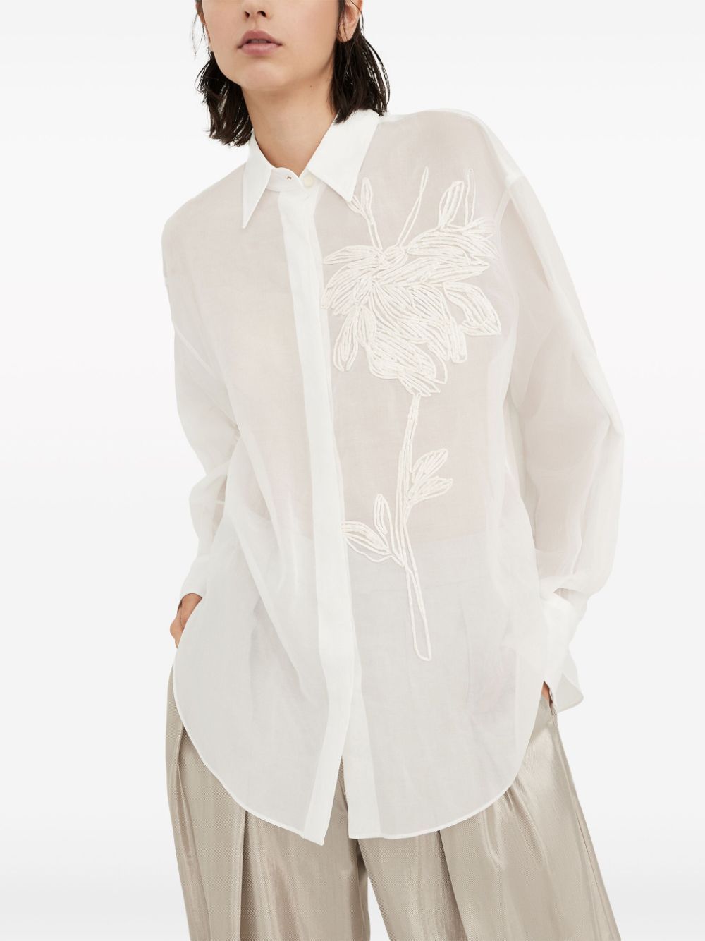 Brunello Cucinelli Elegant White Cotton Knit Shirt With Dazzling Magnolia Embroidery For Women In White