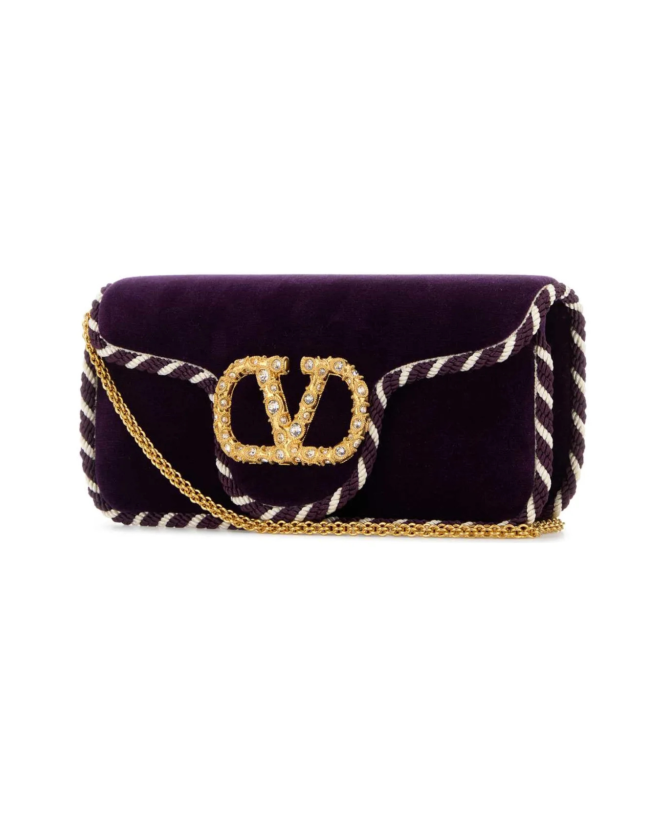 Valentino Velvet Clutch With Chain Strap And Trim In Purple