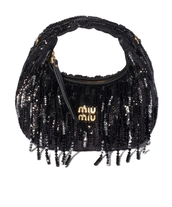 Miu Miu Wander Satin Mini-bag With Crystal And Sequin Fringe In Black