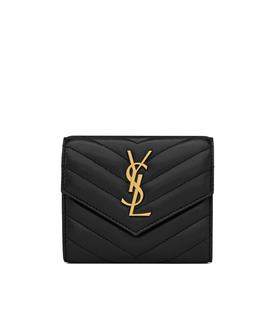 Saint Laurent Quilted Chevron Pattern Trifold Wallet In Black