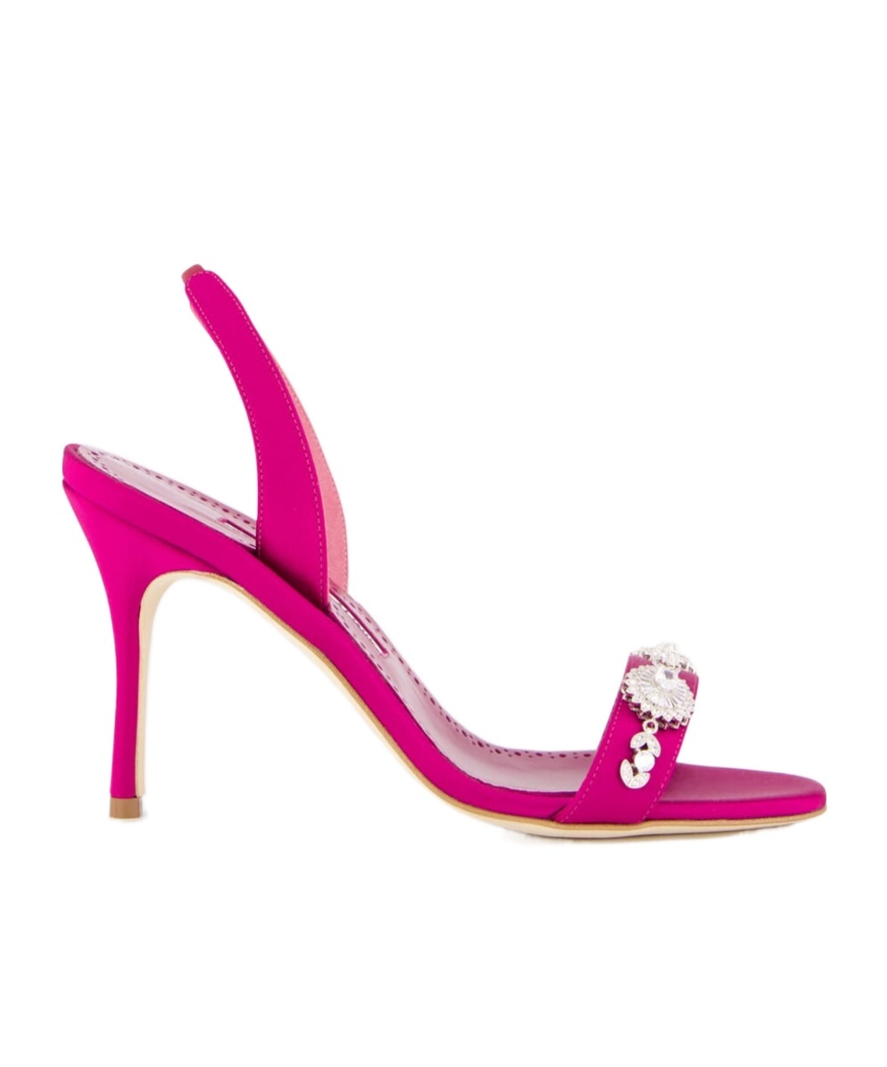 Manolo Blahnik Pink Satin Embellished Slingback Sandals In Pink