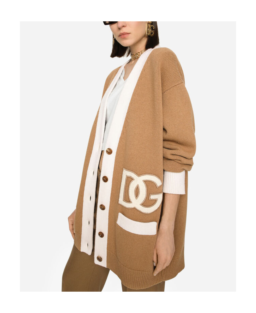 Dolce & Gabbana Logo-patch Virgin Wool Cardigan In Brown