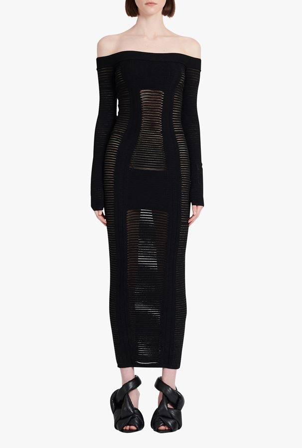 Balmain Black Viscose Midi Dress In Black