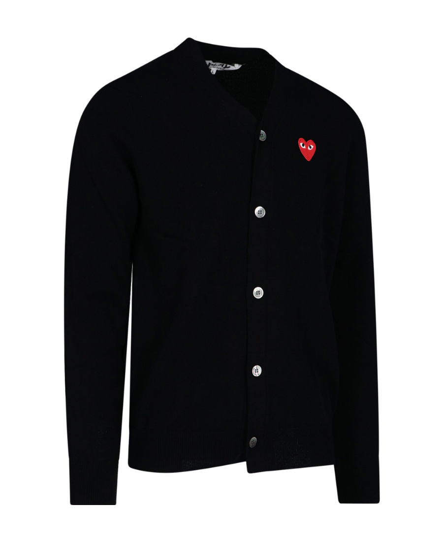 Comme Des Garçons Play Midnight Wool Cardigan With Ribbed Hem In Black