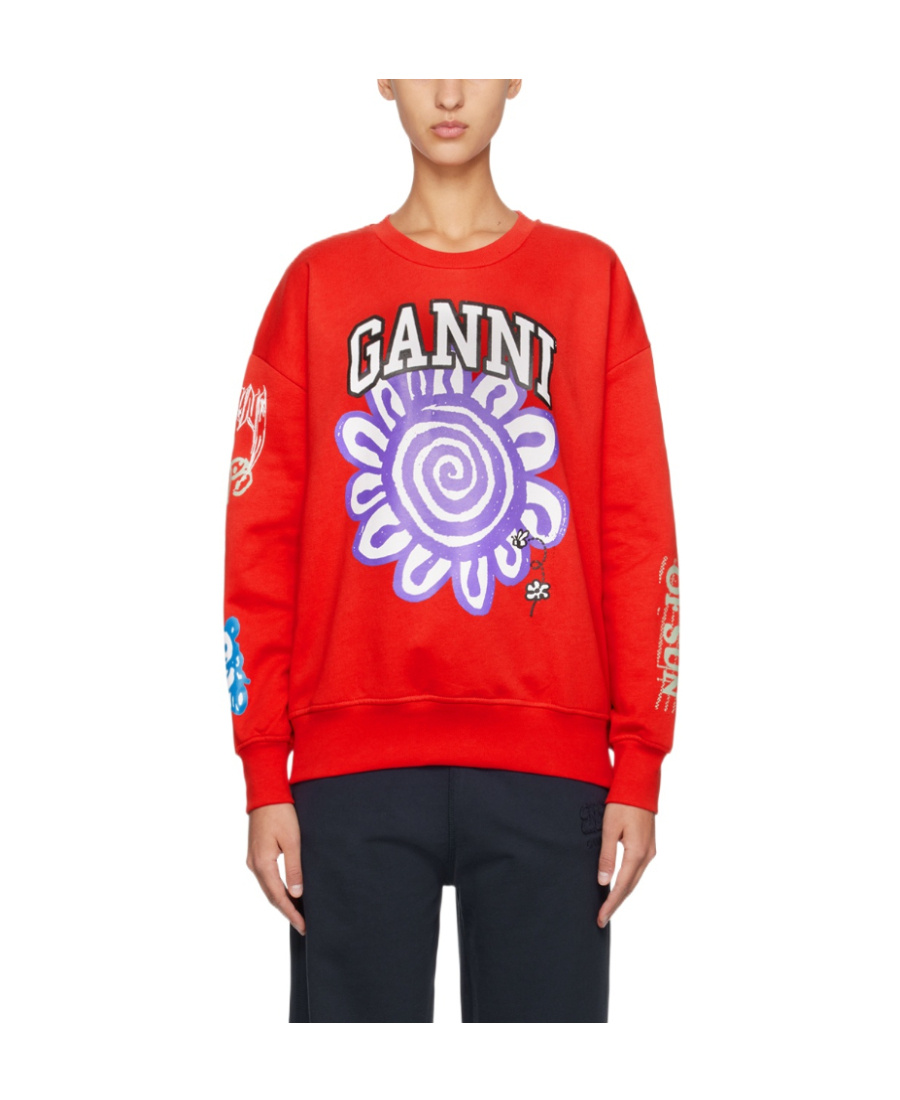 Ganni Logo-print Organic Cotton Sweatshirt In Red