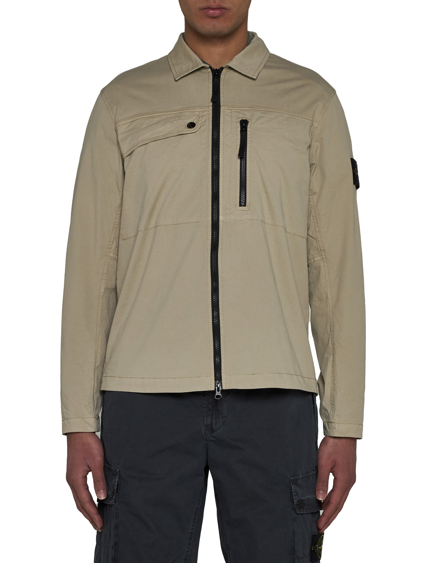 Stone Island Compass-badge Zip-up Shirt Jacket In Nude