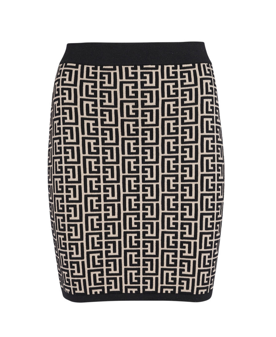 Balmain Monogram Wool Pencil Skirt With Zip In Black