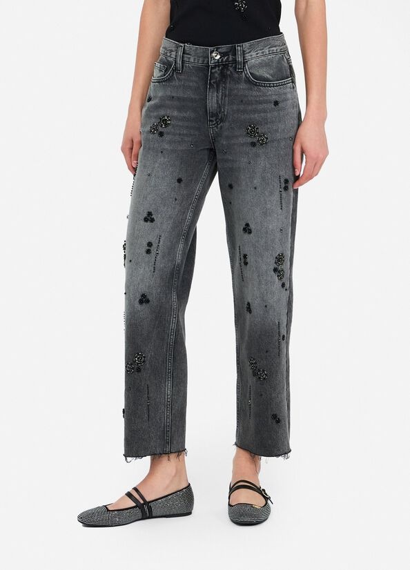 Liu •jo Straight-leg Denim Trousers With Rhinestones In Gray
