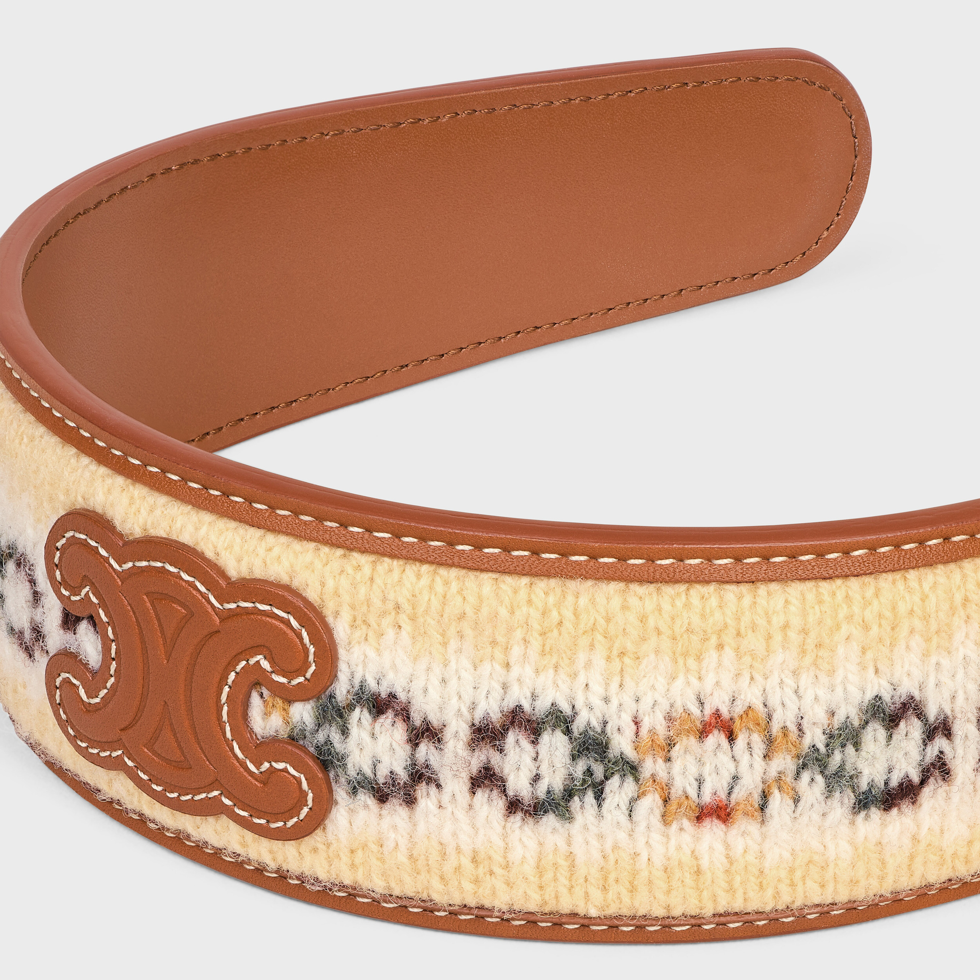 Shop Celine Triomphe Fair Isle Headband In Wool And Calfskin In Yellow/tan