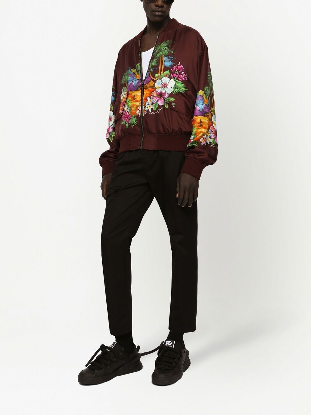 Dolce & Gabbana Maroon Floral Print Full Zip Bomber Jacket In Multicolor