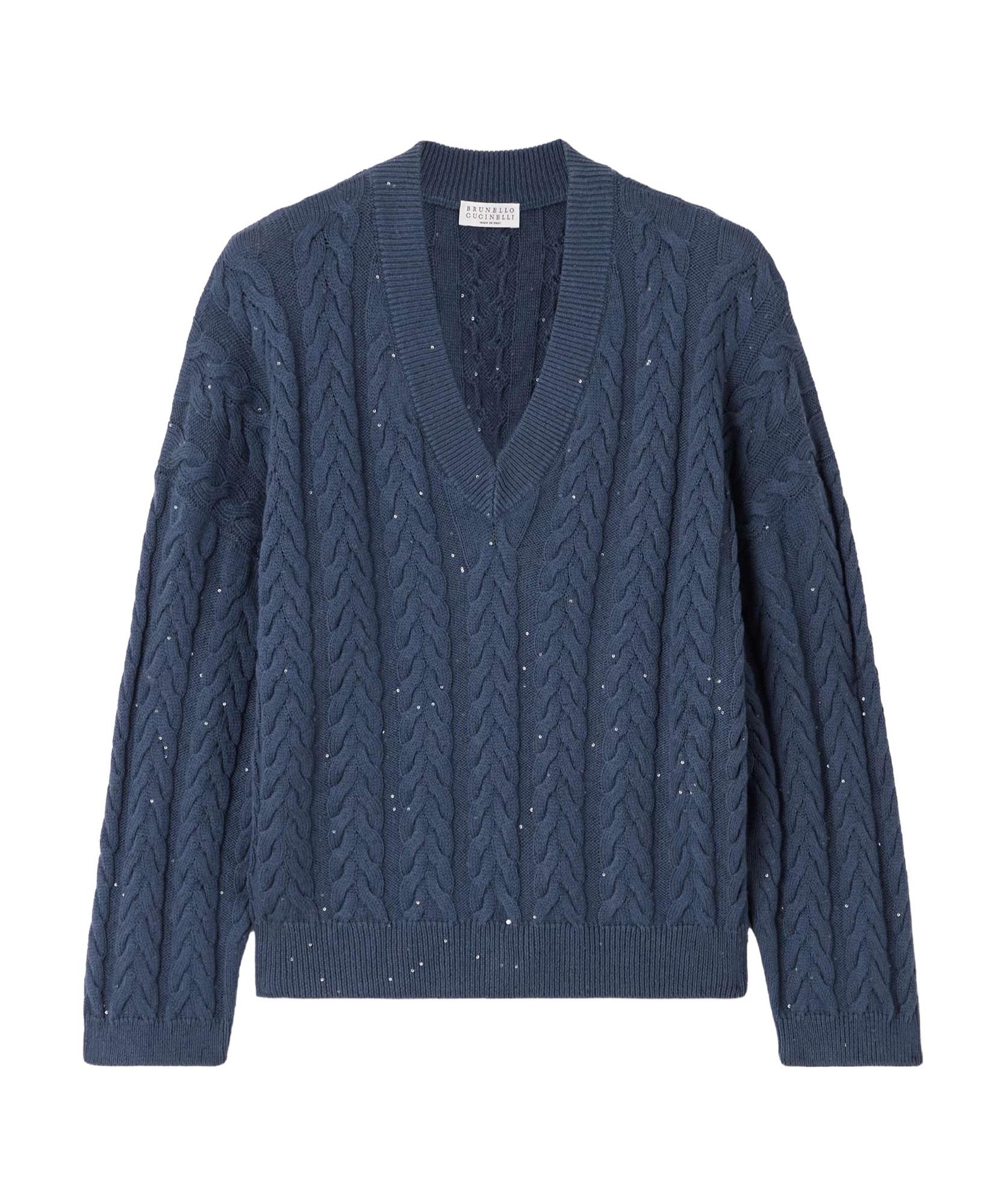 Brunello Cucinelli Cotton Double Cable-knit V-neck Sweater With Micro Pailettes In Blue