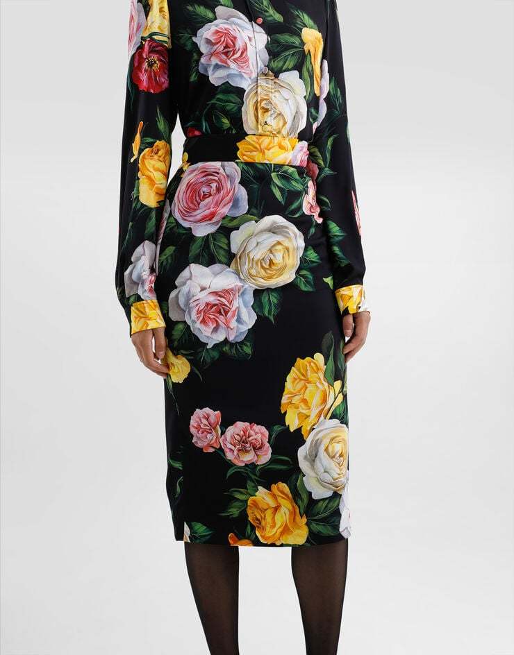 Dolce & Gabbana Multicolor Shirt With Oversize Pointed Collar And All-over Floral Motif In Silk Stretch Woman In Black