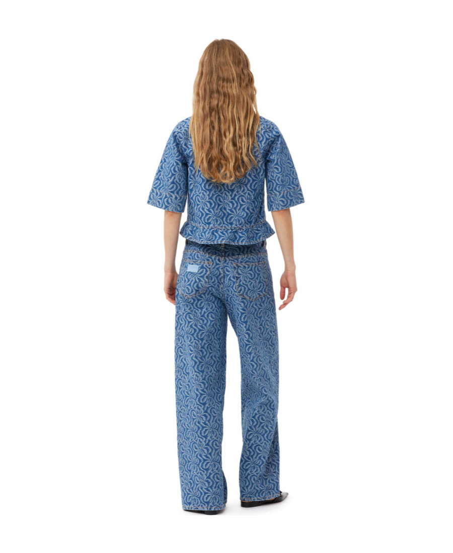 Ganni Tie-detailed Jacquard-denim Peplum Top In Blue