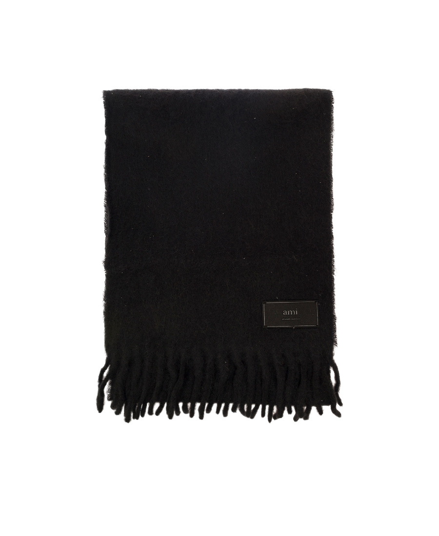 Ami Alexandre Mattiussi Ami Paris Logo Patch Fringed Edge Scarf In Black