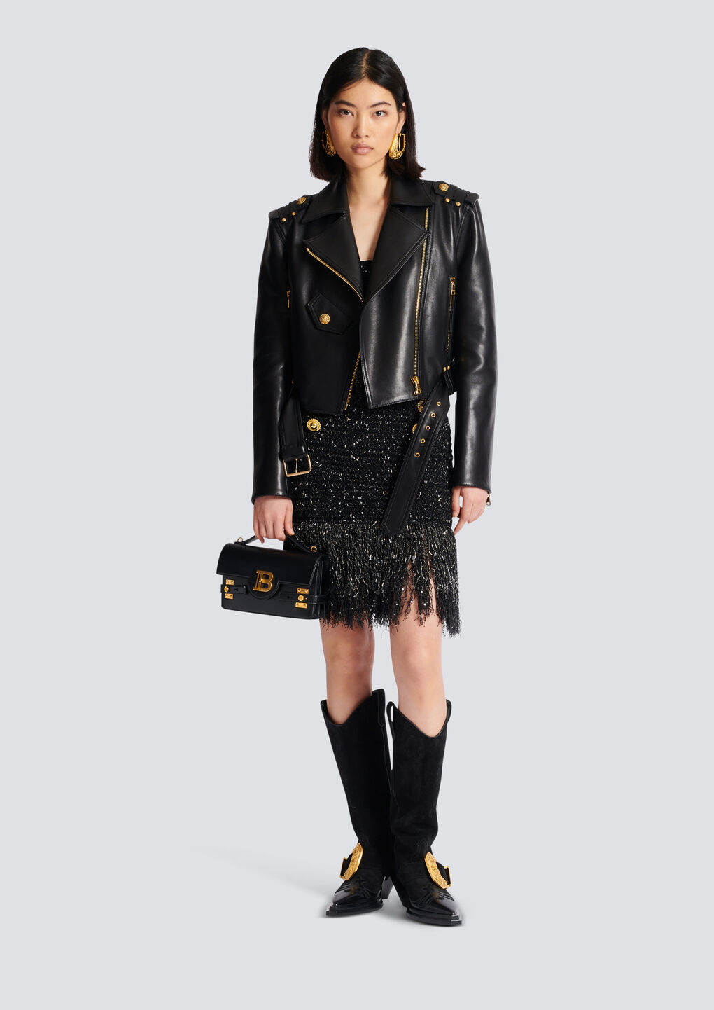 Balmain Fringed Tweed Short Skirt With 6 Buttons In Black
