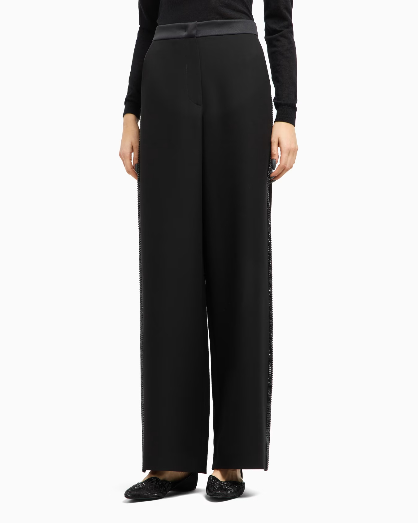 Giorgio Armani Wide-leg Silk Trousers With Rhinestone Details In Black