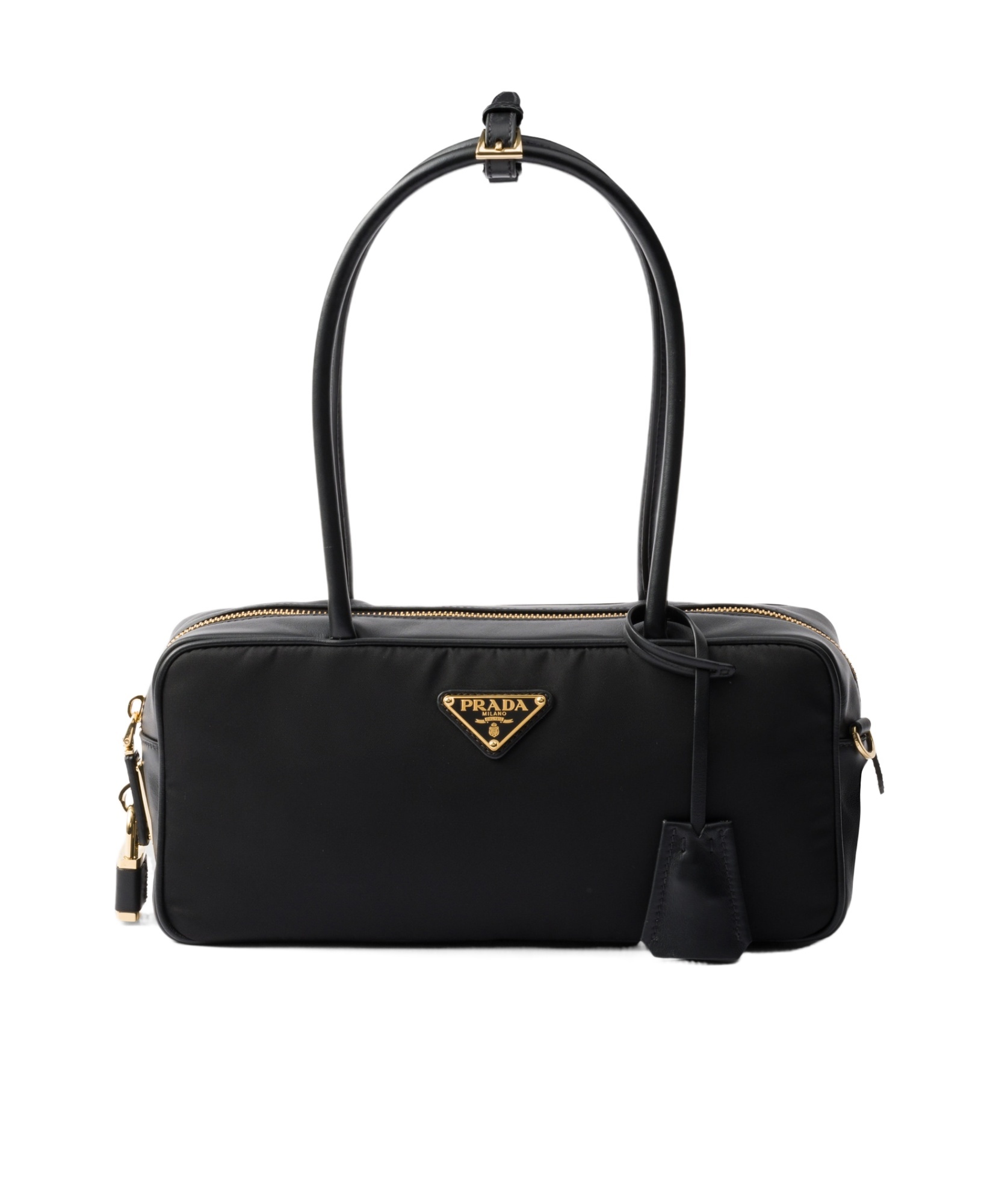 Prada Re-nylon And Leather Small Top-handle Bag With Padlock In Black