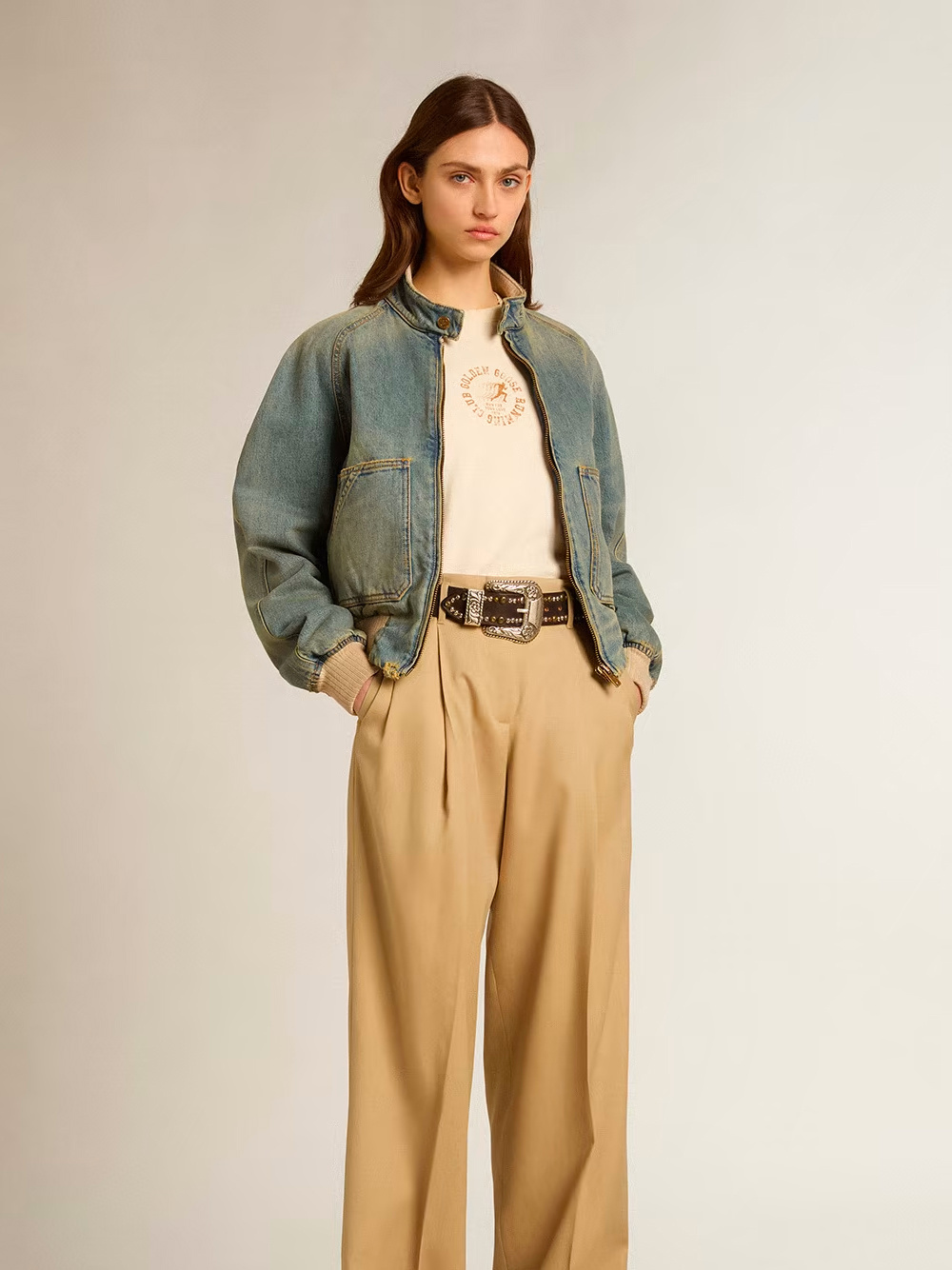 Golden Goose Bomber Jacket In Denim In Green