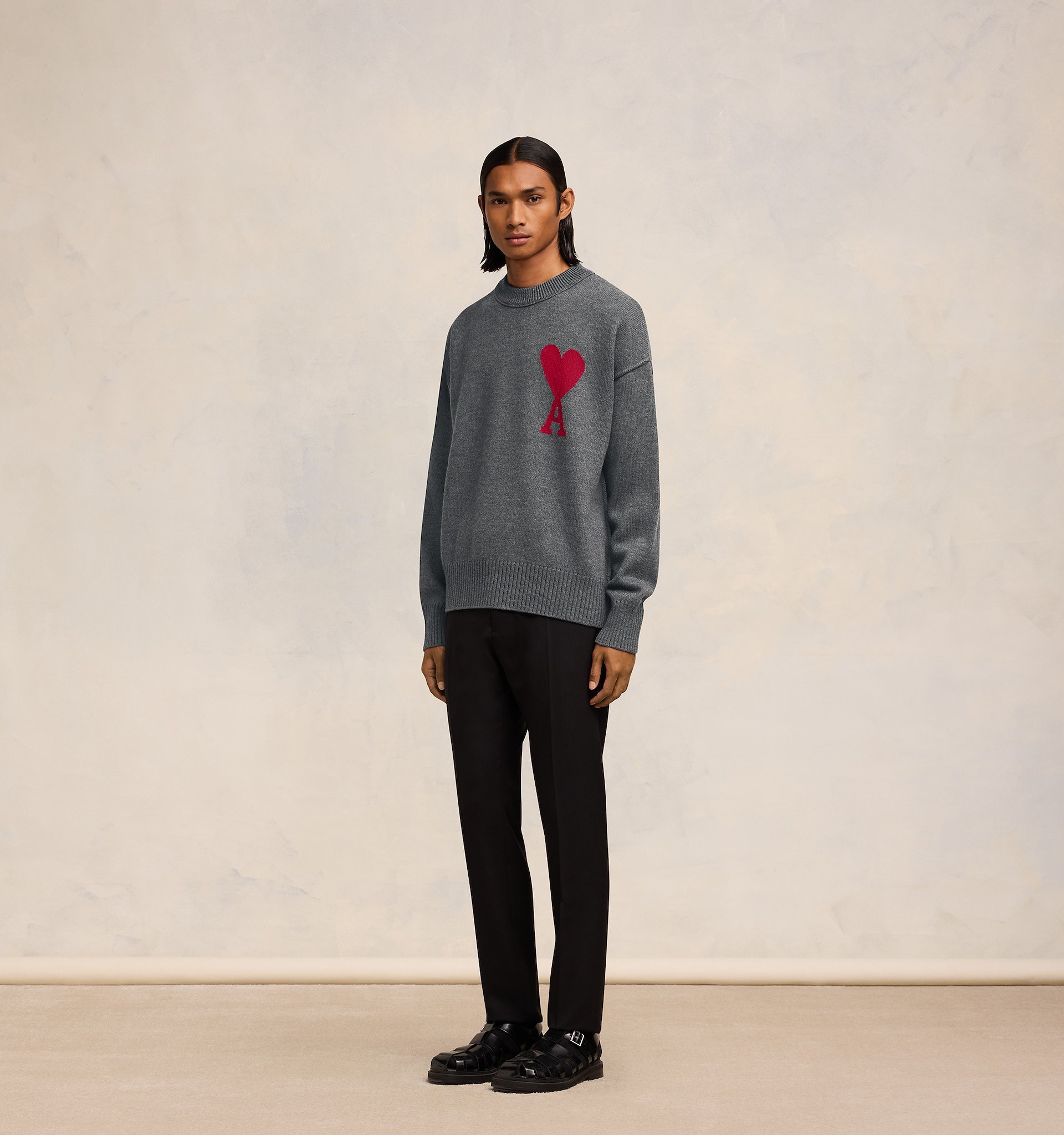 Ami Alexandre Mattiussi Crew Neck Long Sleeve Sweater With Ribbed Edges In Gray