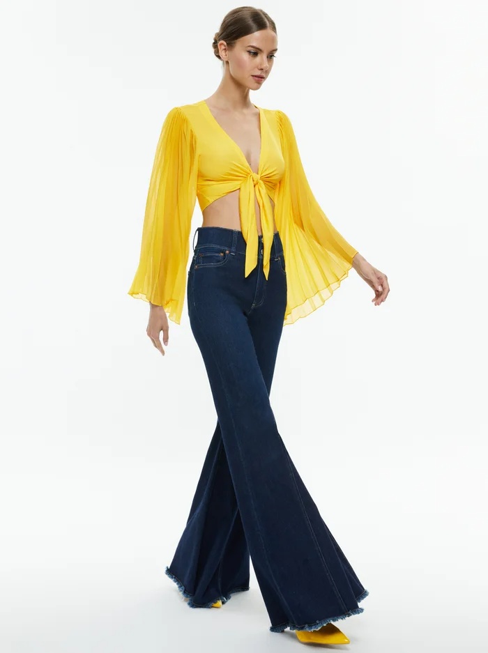 Alice And Olivia Rochelle Tie Front Pleated Crop Top In Yellow