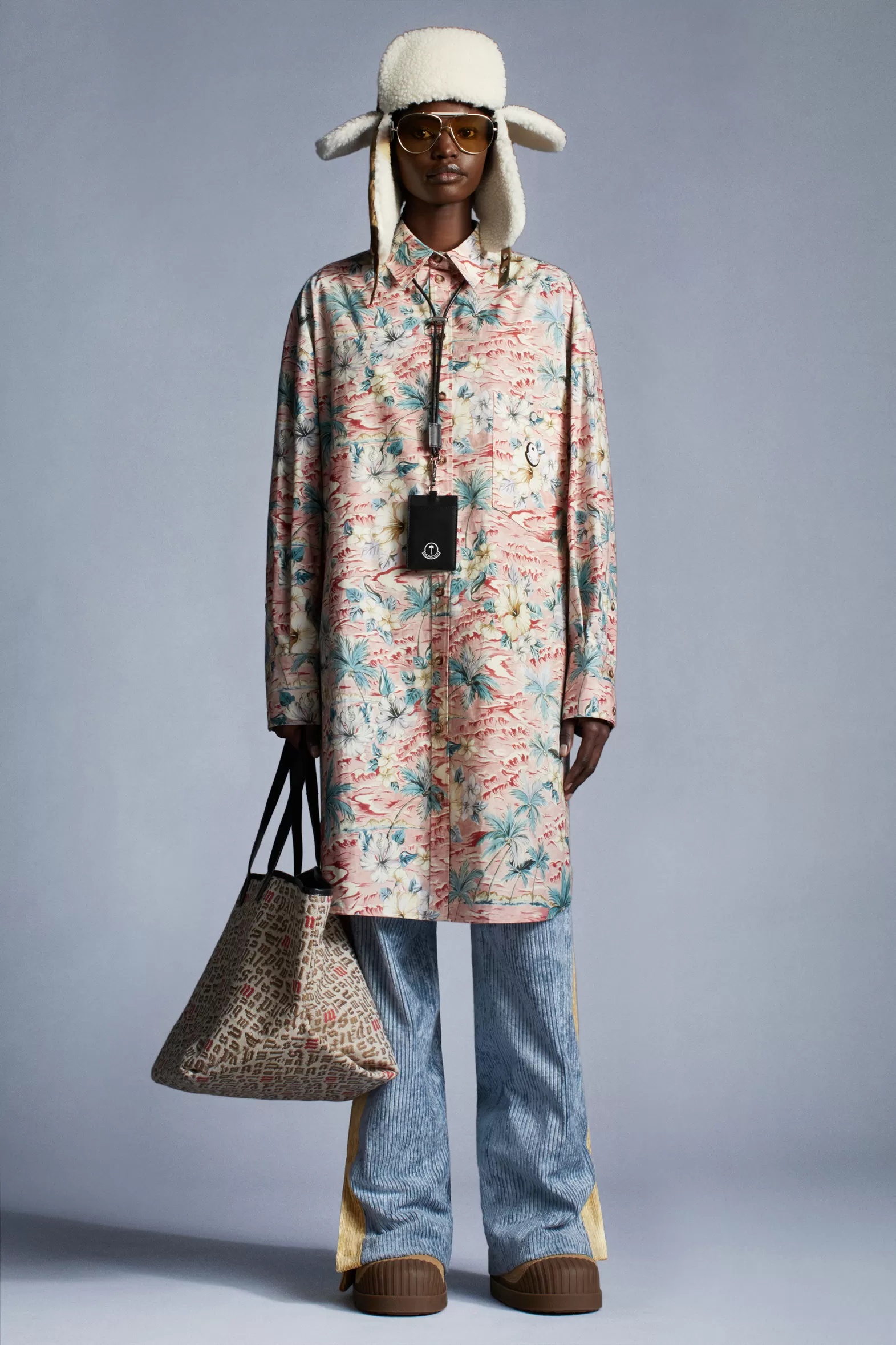 Moncler X Palm Angels Tropical Printed Shirt In Nude