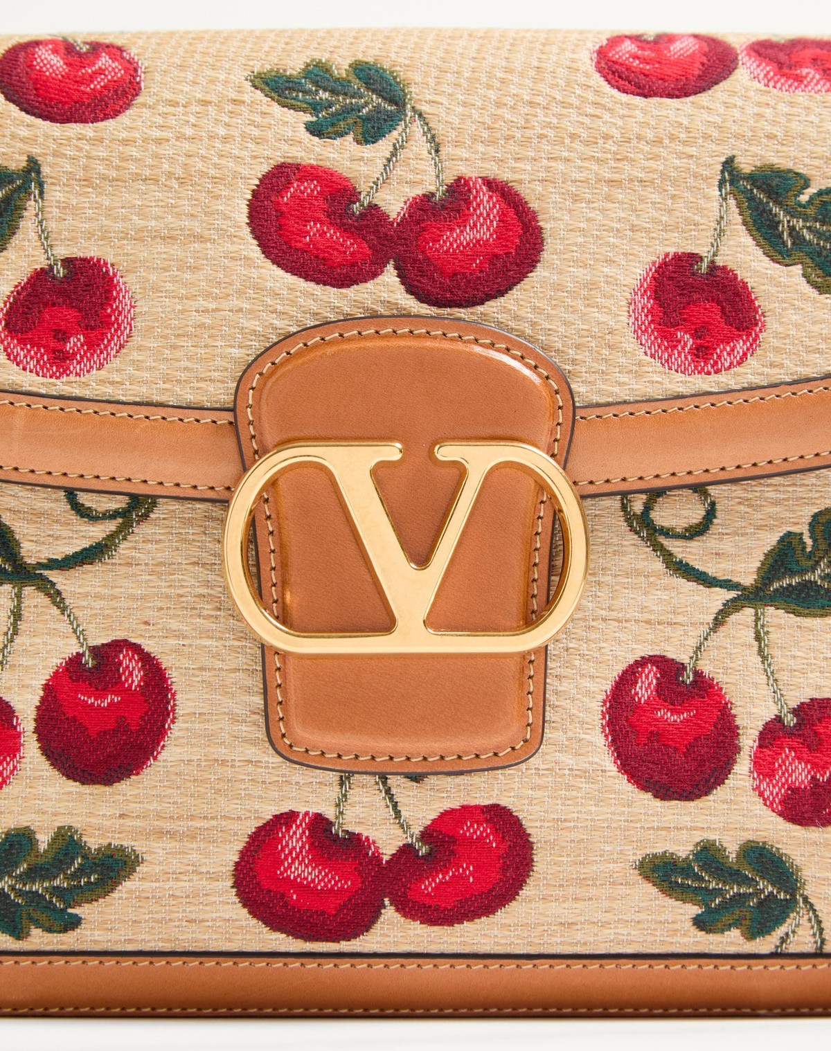 Valentino 9t05 Cherry-jacquard Raffia And Leather Cross-body Bag In Nude