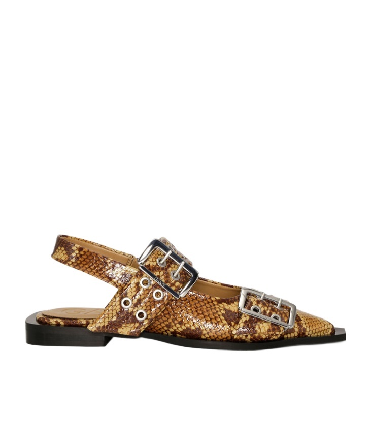 Ganni Brown Snake Feminine Buckle Flats In Brown