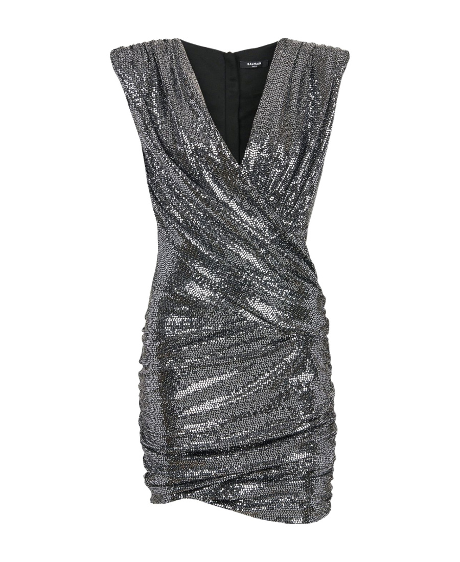 Balmain Short Draped Jersey Dress With Silver Sequins In Black