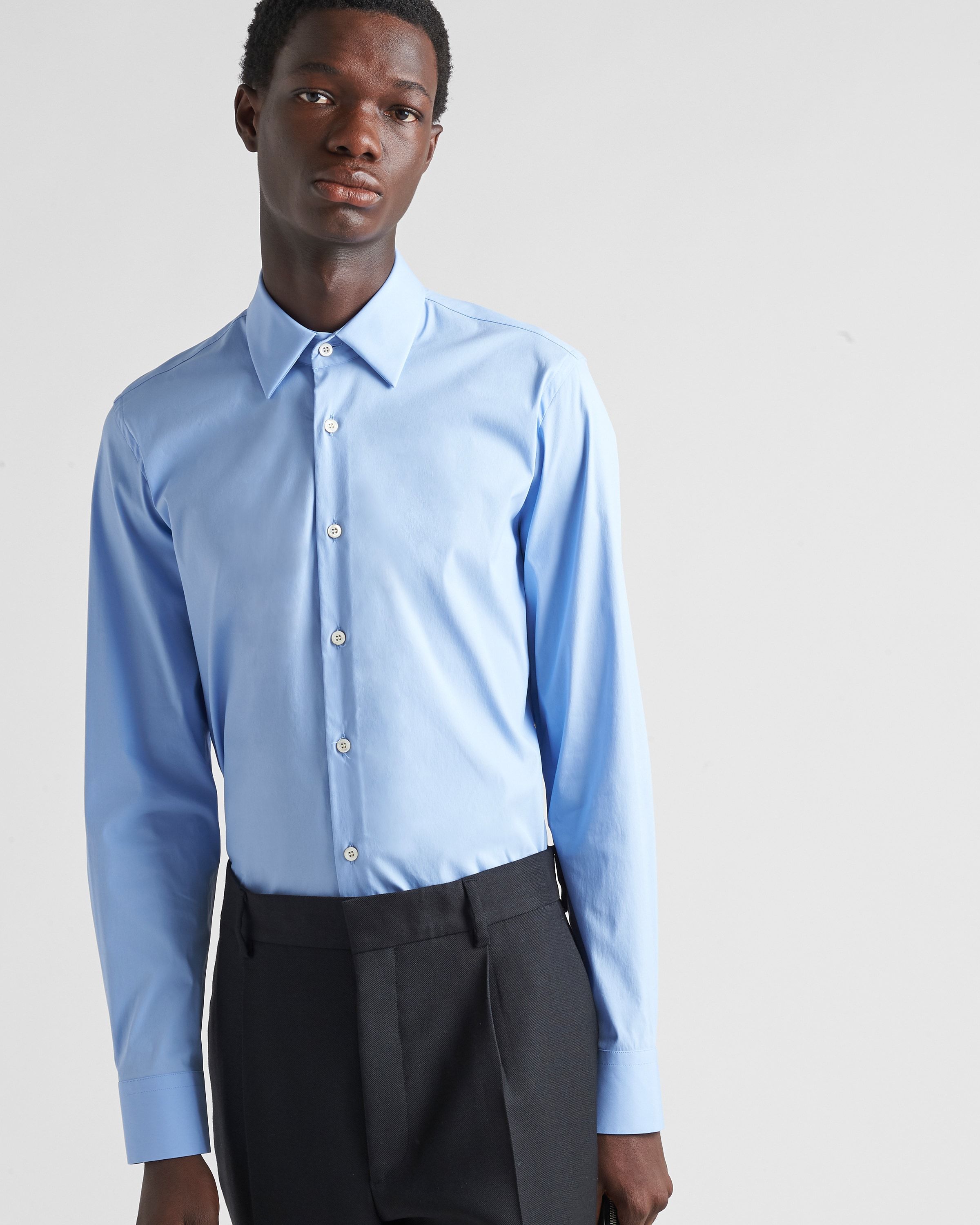 Prada Button-down Collar Poplin Shirt With Cuffed Sleeves In Blue