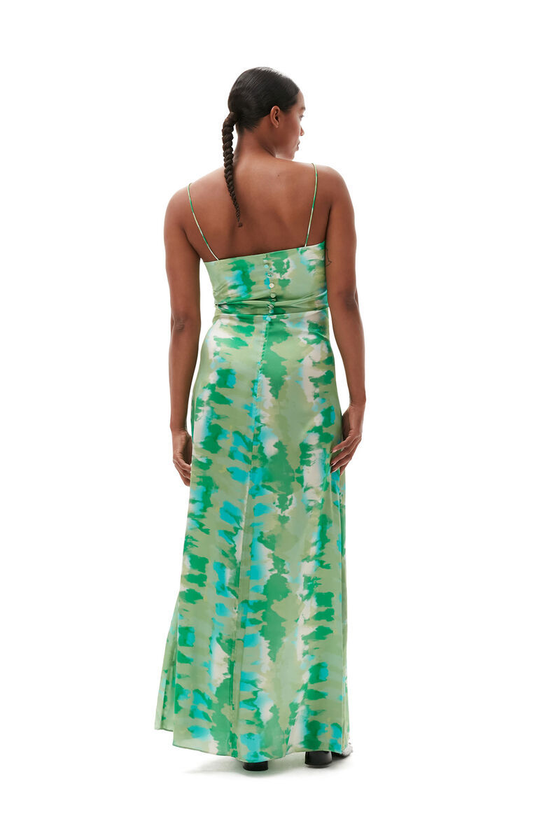 Ganni Stretch Satin Maxi Slip Dress In Green