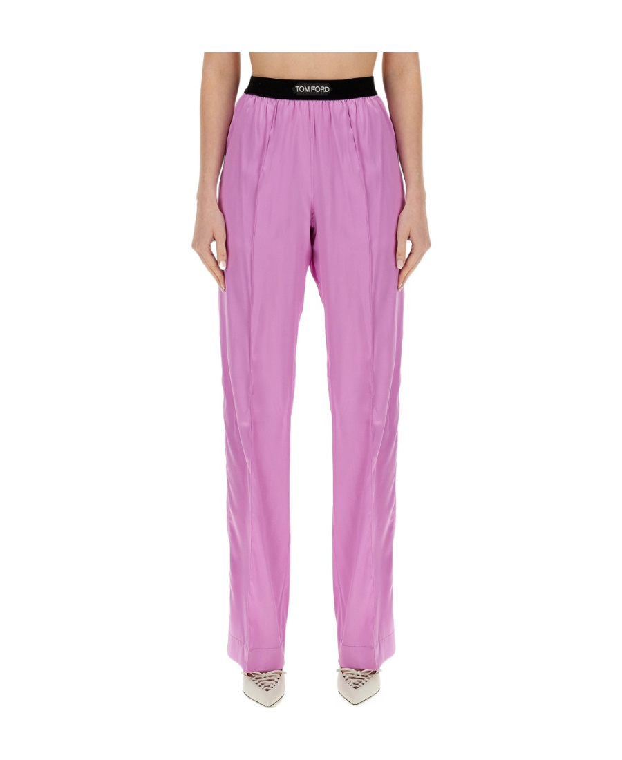 Tom Ford Fuchsia Satin Pants With Logo On Waistband In Stretch Silk Woman In Purple