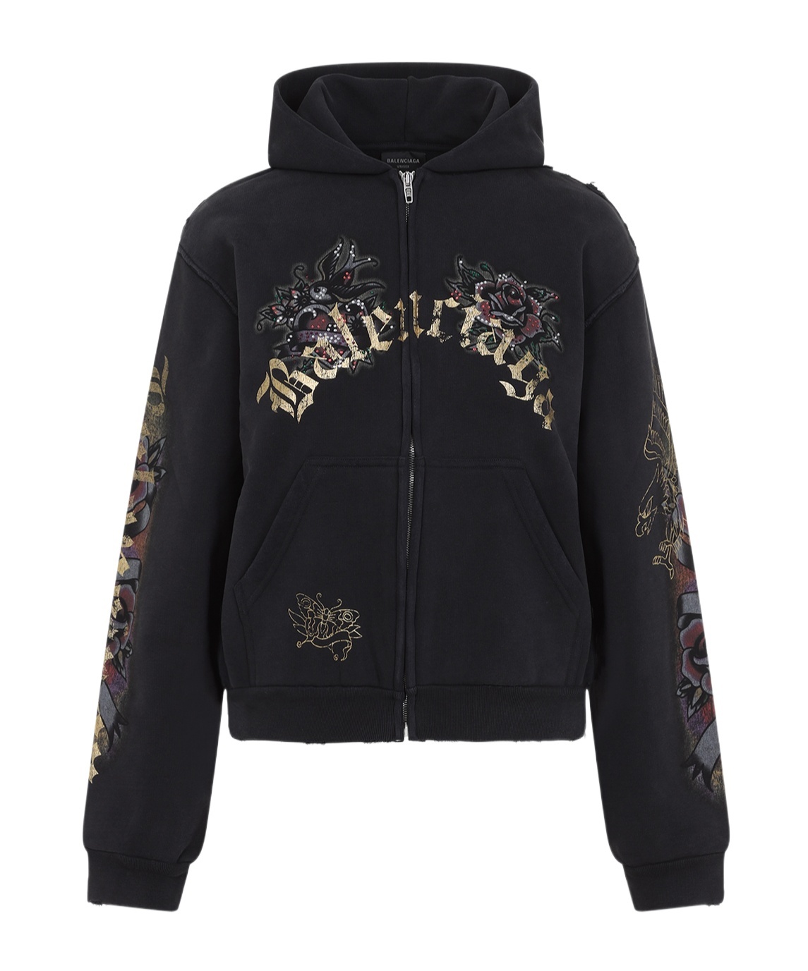 BALENCIAGA WOMEN'S TACKY TATTOO ZIP-UP HOODIE SMALL FIT IN BLACK FADED