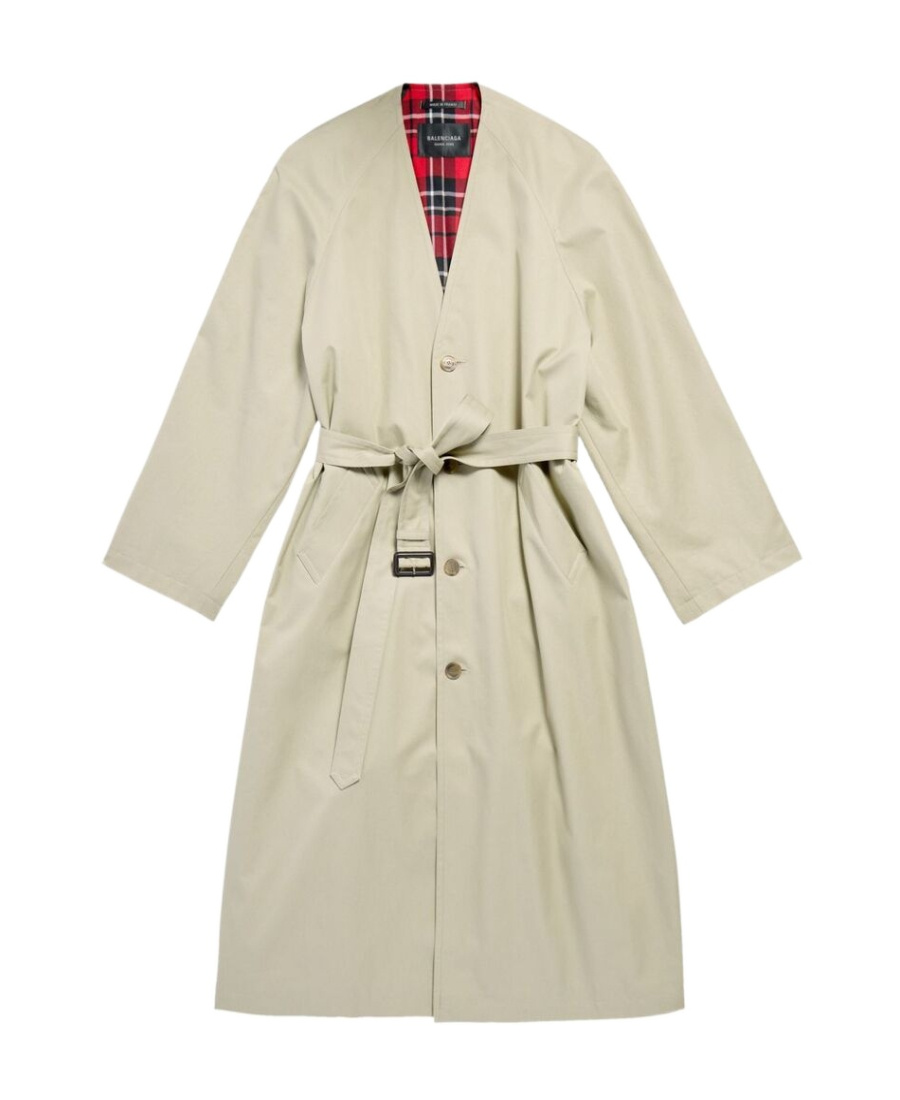 Balenciaga V-neck Belted Cotton Trench Coat In Neutrals